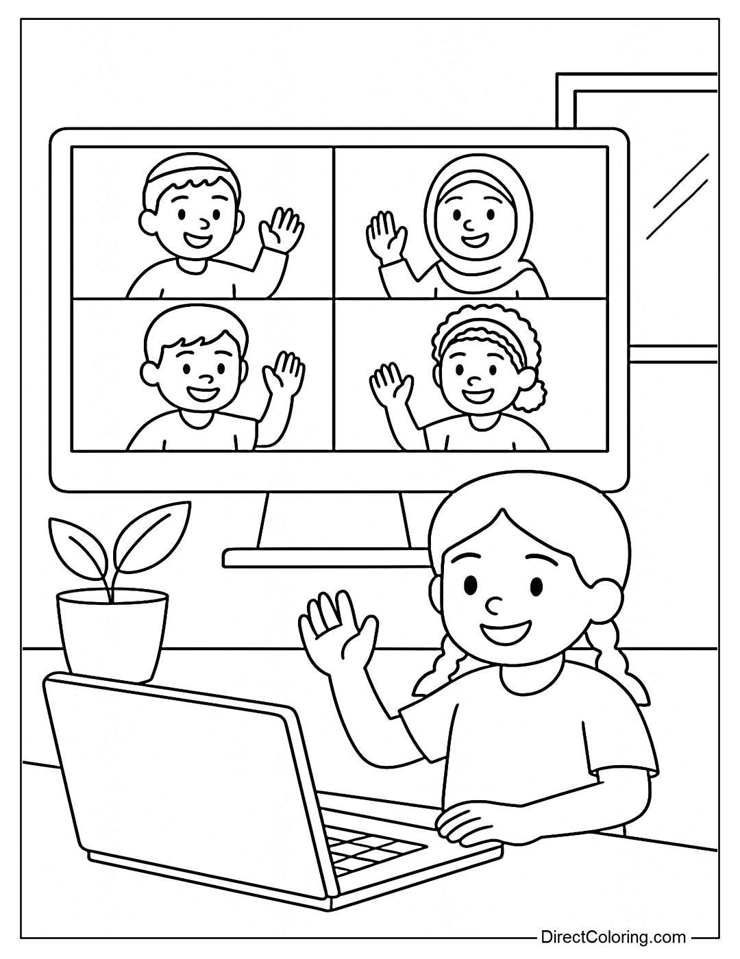 Coloring page of children studying online from many countries, connecting via screen.